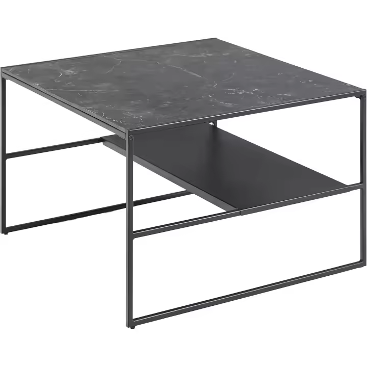 Movían Cuadrado Mesa de centro con un estante, con efecto de mármol mate en la parte superior, base metálica en Negro, 70.1 x 70.1 x 44.96 cm - 1