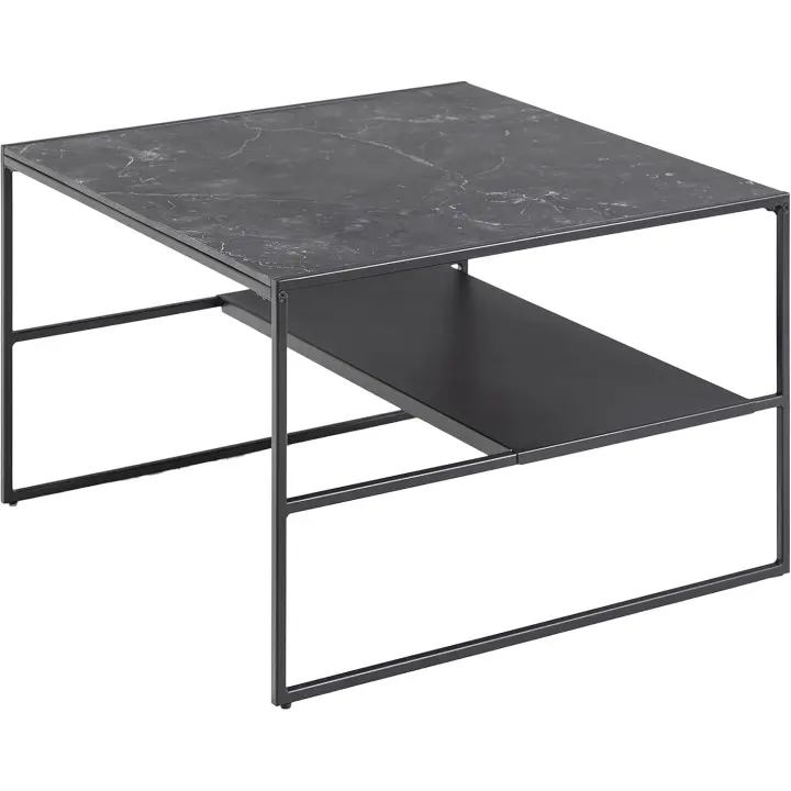 Movían Cuadrado Mesa de centro con un estante, con efecto de mármol mate en la parte superior, base metálica en Negro, 70.1 x 70.1 x 44.96 cm - 1