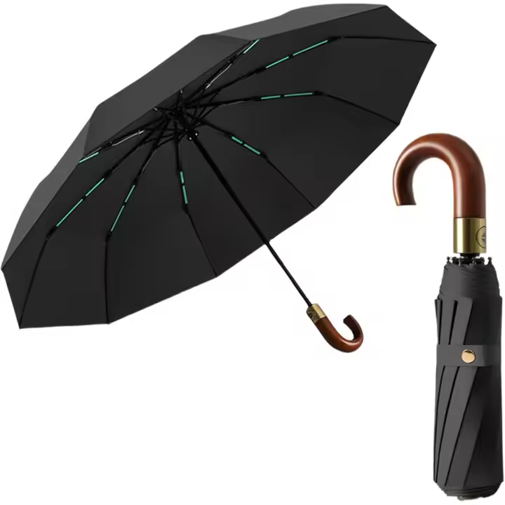 Portátil Paraguas Plegable de Viaje Lujo Mango en J de Madera Real de Apertura/Cierre Automático Capa de Revestimiento/Protección UV Anti UPF 50 99 9% Paraguas de Golf Hombres - 1