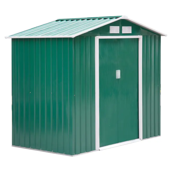 Outsunny Caseta de Jardín 213x130x185 cm Cobertizo Metálico de Exterior para Almacenamiento de Herramientas con 2 Puertas Correderas y 4 Ventanas para Terraza Verde Oscuro - 1