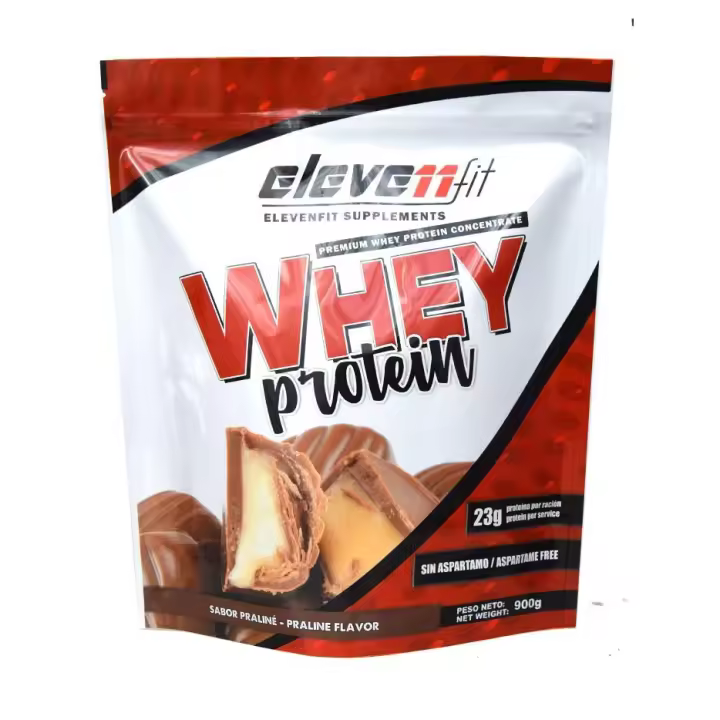 Eleven Fit Proteina Whey Pro, Concentrado de Suero / Aumenta Masa Muscular / BCAA's y Antioxidantes / Refuerza Huesos y Defensas / Bajo en Grasas y Carbohidratos, Sabor Praline, 900GR - 1