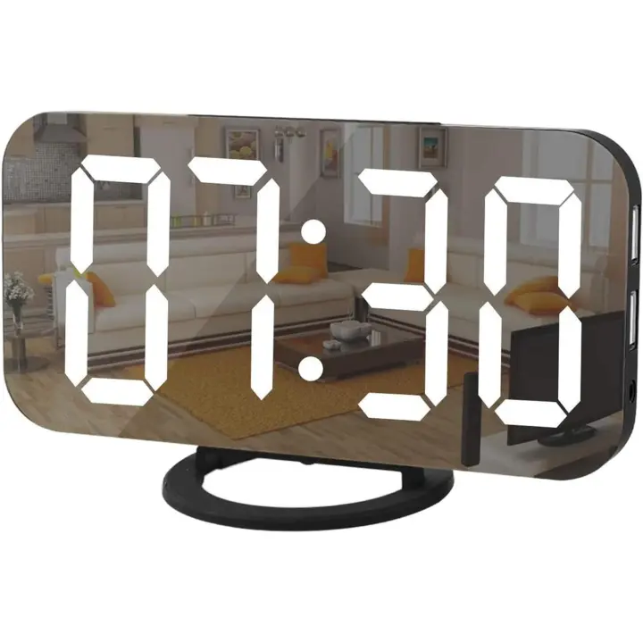 Reloj digital de pantalla grande, despertador LED eléctrico, superficie de espejo para maquillaje con modo de atenuación, 3 niveles de brillo, puertos USB duales, moderno D - 1