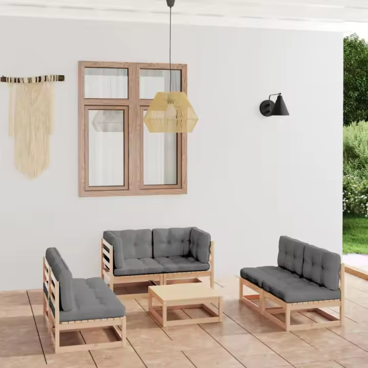 vidaXL Juego de muebles de jardín 7 pzas y cojines madera pino maciza - 1