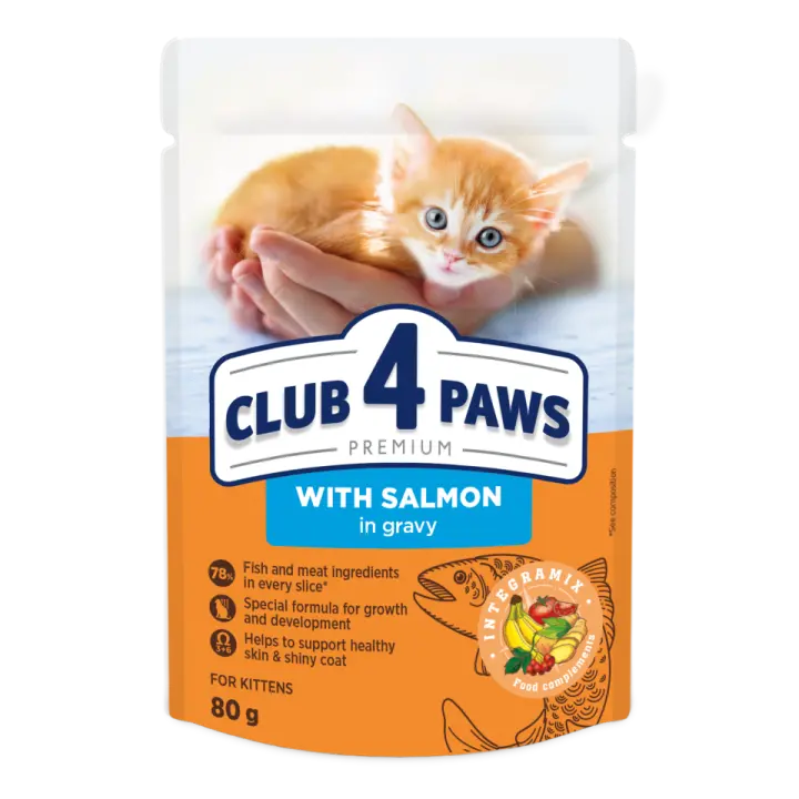 Comida húmeda completa para gatitos CLUB 4 PAWS PREMIUM  - Salmon en salsa ,PACK 24*80g - 1