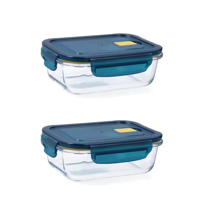 QUID ASTRAL 2 Recipiente Rectangular Hermético Vidri 18x13x6CM - 64CL Azul  Tapa 4 cierres herméticos 100% con válvula Reciclable - 1
