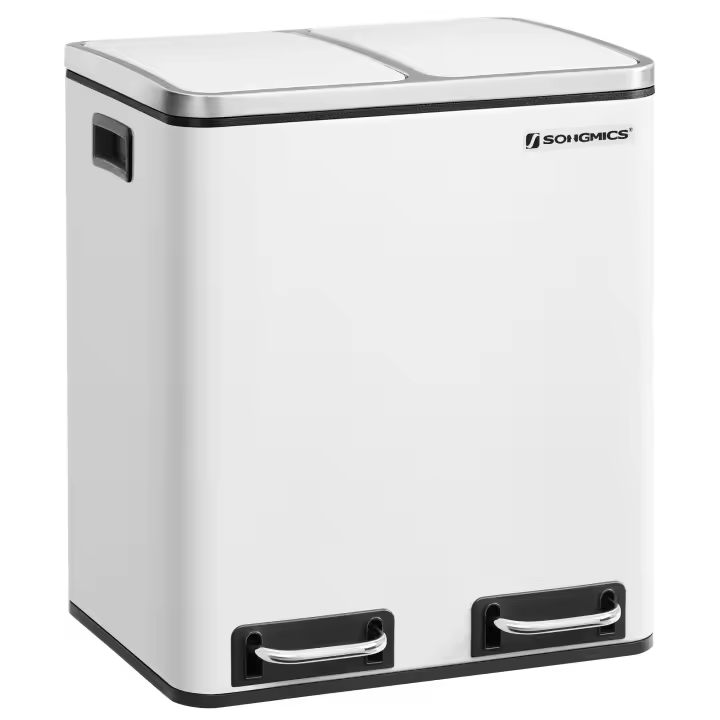 SONGMICS Cubo de Basura de Cocina, 2 x 15 L, Cubo con Cubeta Doble para Reciclaje y Residuos, con Pedal, Tapas de Cierre Suave, para Familias Pequeñas, Acero, Plata Metálico y Negro Tinta/Beige Arena y Negro Tinta/Blanco Nube/Gris Verdoso/Negro Tinta - 1