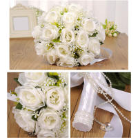 Bouquet De Novia Y Damas De Honor En Poliéster Blanco Flores Artificiales Rosas Accesorios De Boda Boutonniere Para Novio - details 7