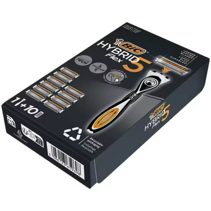 BIC Hybrid 5 Flex Maquinilla para Hombre Recargable - 1 Mango + 10 Recargas de 5 Hojas con Banda Lubricante - Caja de 1+10 - 1