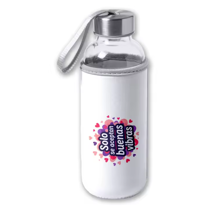 MERCHANDMANIA Bidón de 420 ml con Funda de neopreno frase positiva buenas vibras amistad sentimientos tapon seguridad - 1