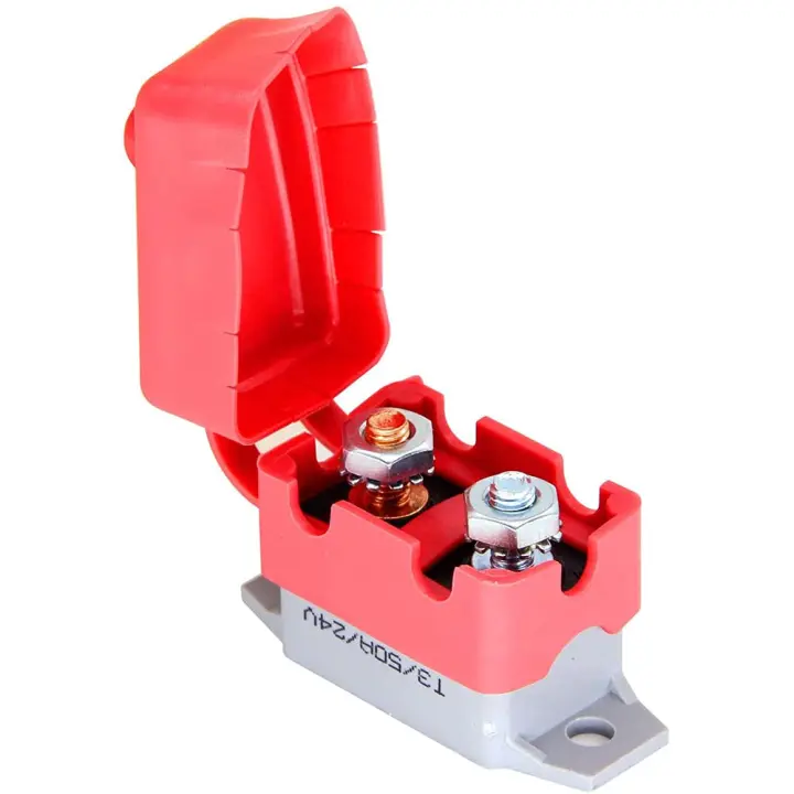 Disyuntores de reinicio automático de 50 A Disyuntores de apagado corto de 12 V/24 V CC con cubierta y tornillos para automóvil Camión marino RV Boquilla Cortacésped Motocicleta Barco Cargador de batería - 1