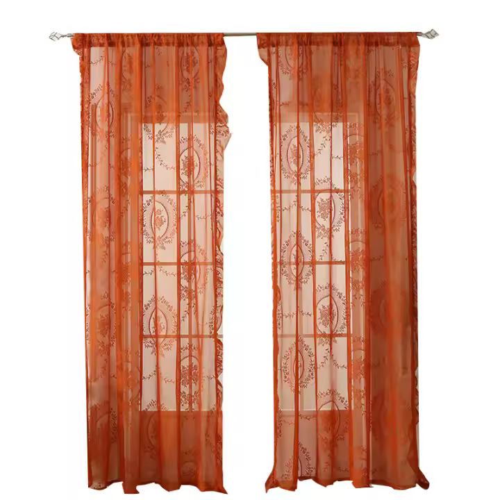 Orange Sheer Curtains 140*200CM Long 2 Panels, Knitted Rustic Floral Pattern Lace Sheer Curtains for Bedroom Living Room, Rod Pocket Privacy Sage Curtains - 1