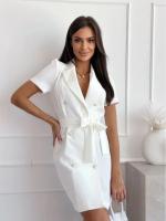 Vestido De Verano Para Mujer 2025 Blanco Con Cinturón Y Cuello Notch Estilo Oficina Elegante Manga Corta Cierre Doble - details 14