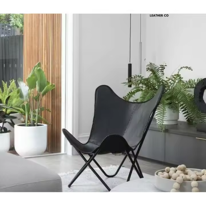 Silla de mariposa retro de cuero negro hecha a mano Silla industrial de metal Decoración para el hogar - 1