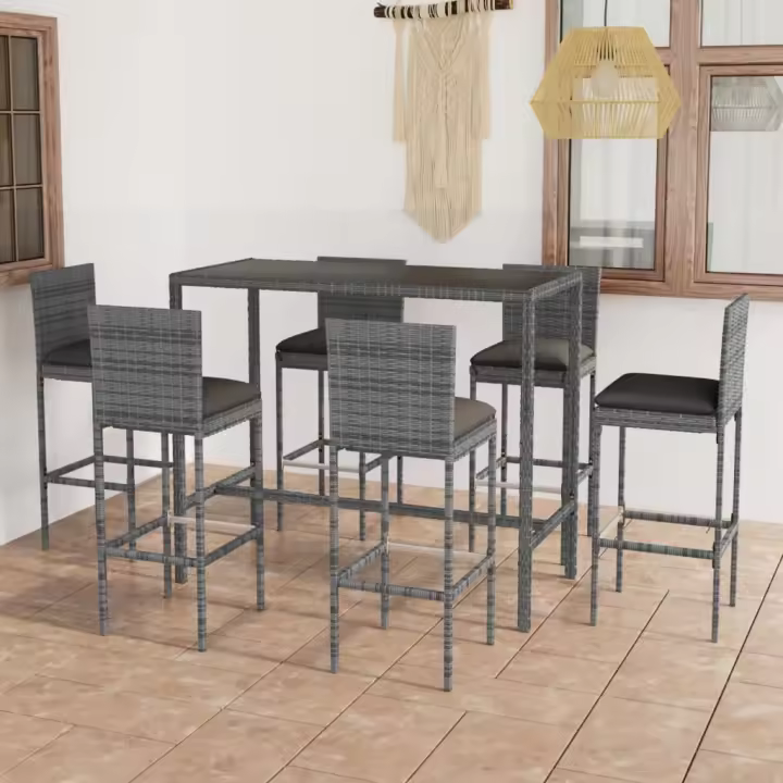 vidaXL Set muebles bar jardín 7 piezas y cojines ratán sintético gris - 1
