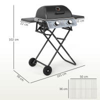 Outsunny Barbacoa de Gas con 2 Quemadores de Acero Inoxidable 2,8 KW Barbacoa Portátil con Mesas Laterales Plegables Bandeja Extraíble Termómetro y 2 Ruedas para Pícnic Camping 101x50x102 cm Negro - details 2