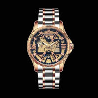 Reloj Mécanico De Lujo Para Hombres Con Cuarzo Automatico Y Esqueleto Dorado Iced out En Acero Inoxidable Reloj De Pulsera Casual Con Correa De Acero Inoxidable Y Luz Oscurecida - details 2