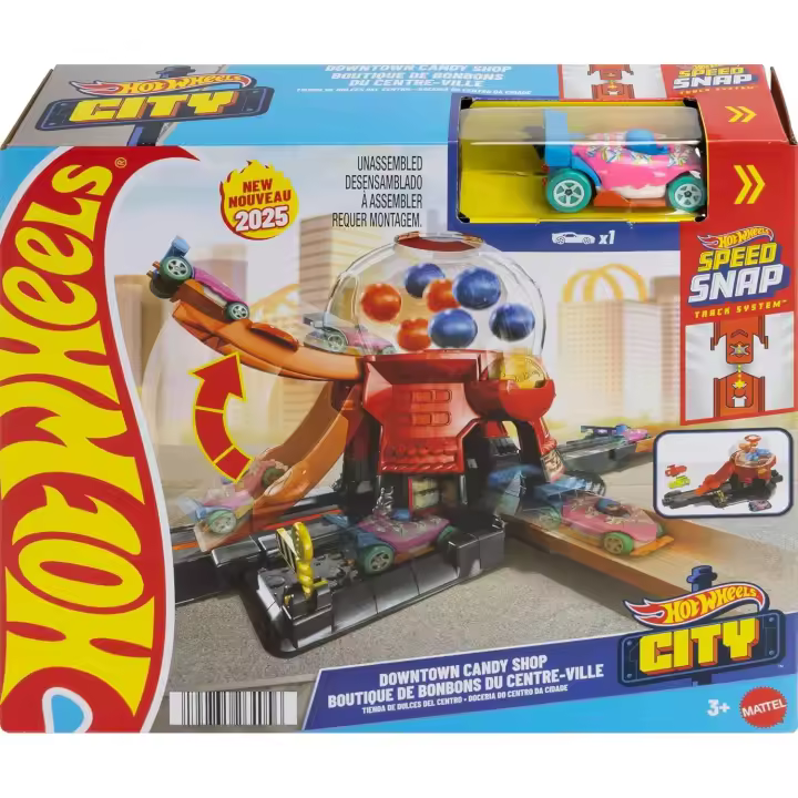 Hot Wheels Tienda de dulces en la ciudad Conjunto de pista, conjunto de juego de máquina de chicles con coche de juguete metálico a escala 1:64 con forma de dónut y pista Speed Snap (Mattel JBM62) - 1