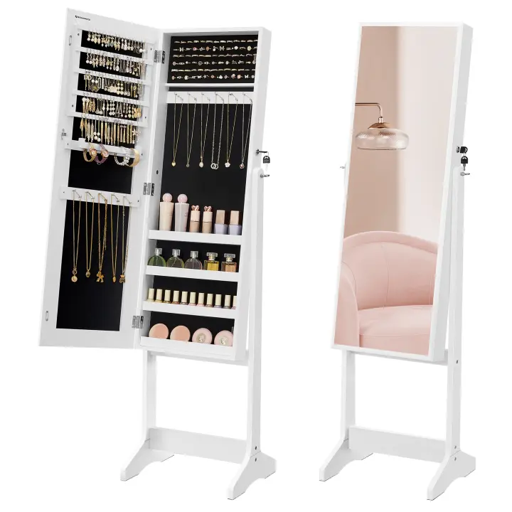 SONGMICS Espejo Joyero, Armario para Joyas, Armario Joyero Bloqueable, Espejo de Longitud Completa, Idea para Regalo, Montaje Sencillo, Superficie Blanca y Forro Negro/Beige - 1