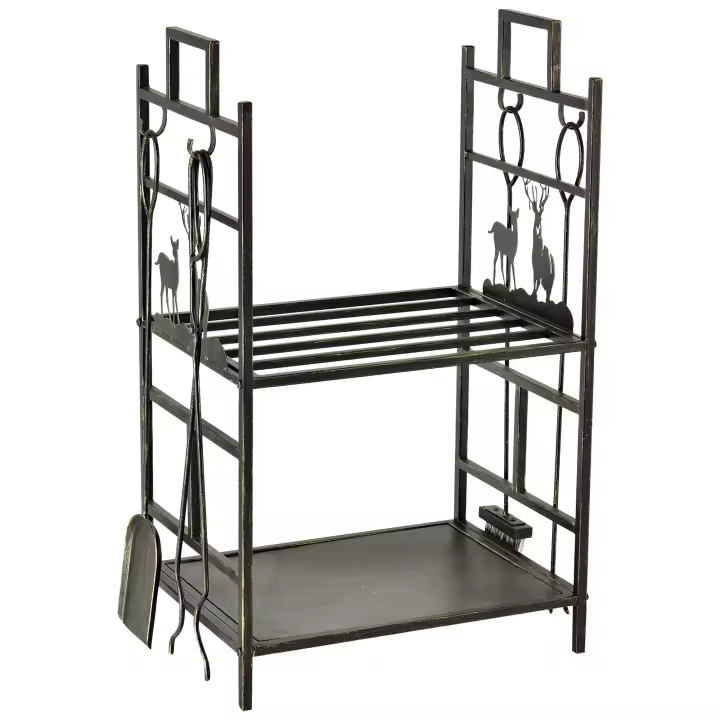 Outsunny Soporte para Leña de Metal de 2 Niveles Estante para Leña con 4 Herramientas y Asas para Chimenea para Interior y Exterior 51,5x33x77 cm Negro Dorado - 1