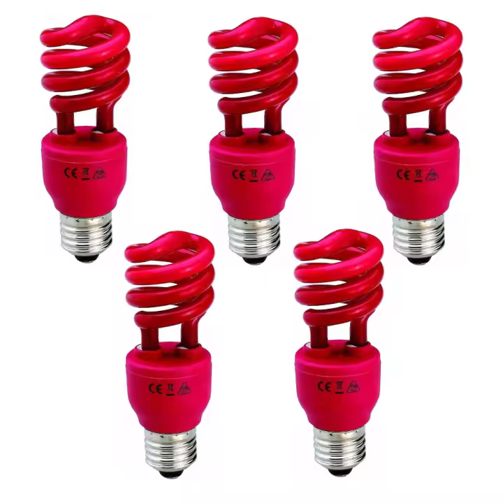 5 uds,Bombilla bajo consumo rojo forma espiral, lampara de colores de decoracion y de fiestas, 11W, casquillo grande E27 y casquillo pequeño E14, Don Feliz - 1