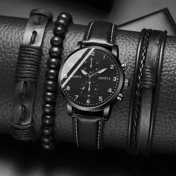 Reloj De Lujo Para Hombre Conjunto De Pulsera Multpieza Moda Negocios Cuero Negro Reloj De Cuarzo Regalo Reno Masculino - 1