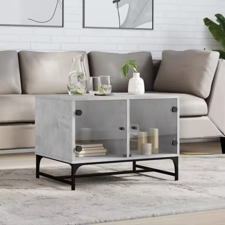 vidaXL Mesa de centro puertas de vidrio gris hormigón 68,5x50x50 cm - 1