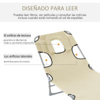 Outsunny Tumbona Reclinable y Plegable de Jardín con Orificio de Lectura Reposacabezas y Respaldo Ajustable en 5 Niveles para Playa 182x56x24,5 cm - details 3