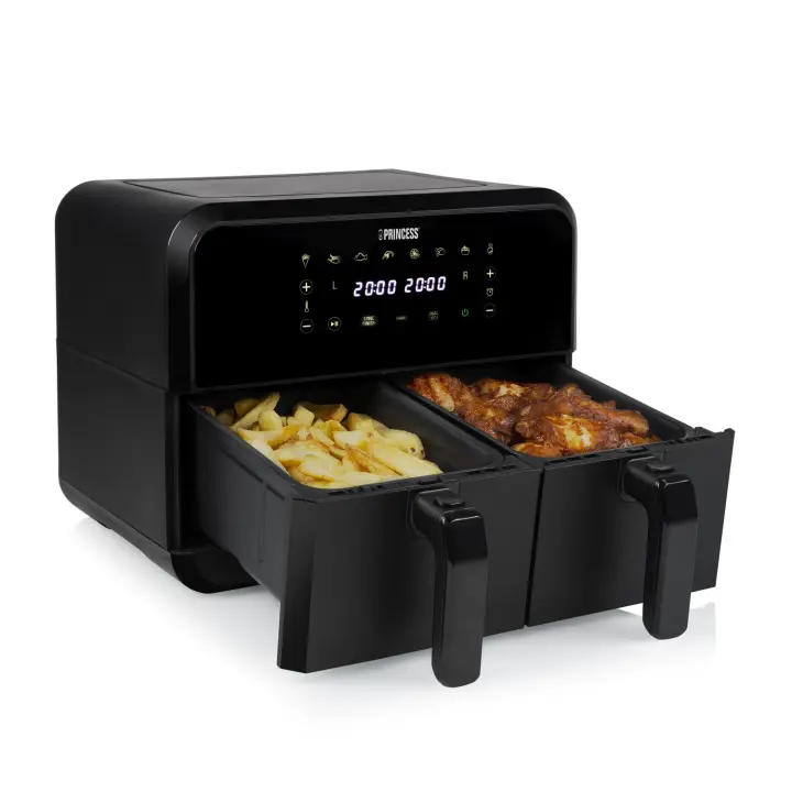 Princess Freidora de Aire de Doble Cesta 8L - 2400W, 2 Cestas de 4L, Pantalla Táctil, 8 Programas Preestablecidos, Sin Aceite, Función de Sincronización, Piezas Aptas para Lavavajillas, Color Negro - SKU 182068 - 1