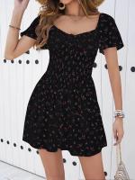Vestidos Mini De Verano Para Mujer 2024 Estampado Floral Chiffon Estilo Playa Manga Puff Ajustado Cintura Natural Sin Capucha - details 6