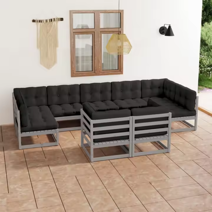 vidaXL Set de muebles de jardín 9 pzas con cojines madera pino gris - 1