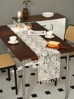 Corredor De Mesa Beige Vintage Estilo Americano Con Ramas De Flores Y Encaje De Borla Para Decoración De Sala De Estar Y Cocina - details 1