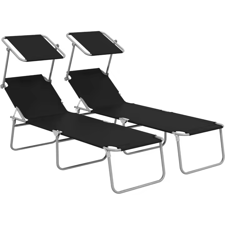 Conjunto de 2 Tumbonas Plegables Tumbonas de Jardín con Toldo Desmontable y Ajustable Respaldo Regulable en 4 Niveles Carga 120 kg para Playa Terraza 187x58x36 cm Negro - 1