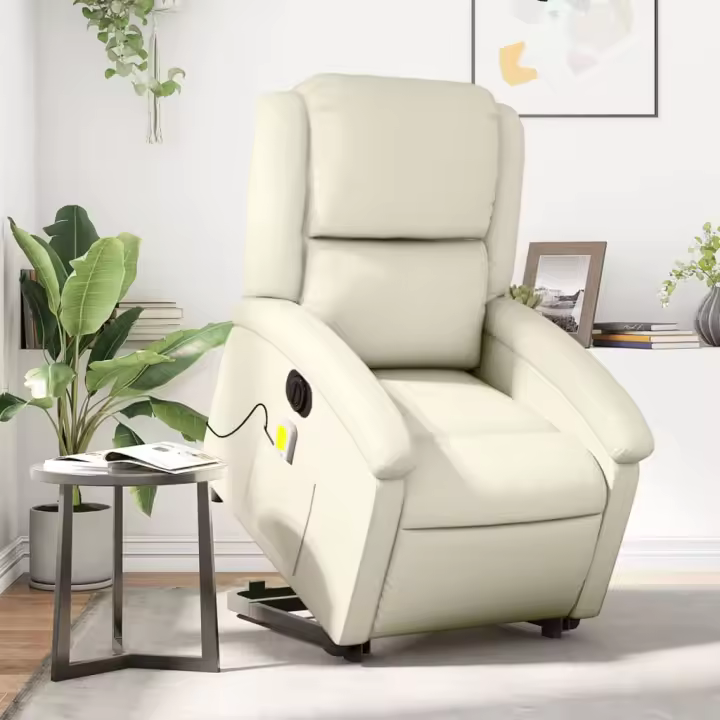 vidaXL Sillón de masaje elevable eléctrico cuero sintético crema - 1
