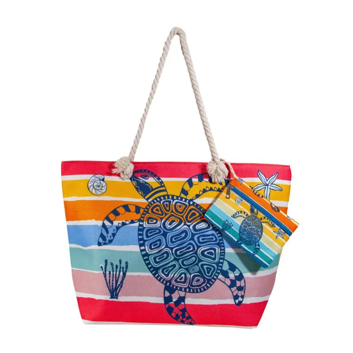 SUN & SURF Bolsa Playa Gran Capacidad con Cremallera 60x40x20cm y monedero a conjunto. Capazo Playa Verano. Asas Cuerda de Hombro. Bolsillos Interiores Cremallera - 1