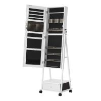 Espejo joyero completo, cajón con cierre, estante y ruedas, portátil, ideal para regalo, disponible en marrón rústico o blanco - details 0