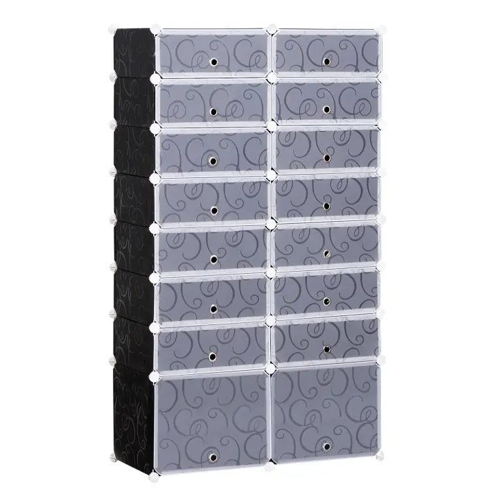 HOMCOM Zapatero DIY zapatero armario estantería estantería enchufable armario armario 16 compartimentos de PP negro + blanco 95 x 37 x 160 cm - 1