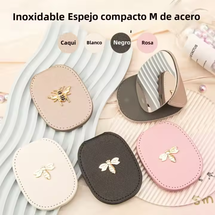 Espejo De Maquillaje Plegable Ovalado Portátil 8K HD Con Diseño De Abeja Dorada Rosa Opciones De Cuero Regalo Perfecto Para Amados - 1