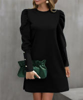 Vestido De Manga Larga Redonda Con Mangas Flotantes Y Botones Para Mujer Estilo Oficina Dama Longitud De Rodilla Poliéster Elástico Suave - details 1