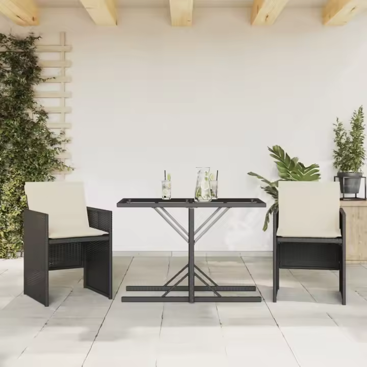 vidaXL Mesita y sillas con cojines 3 piezas ratán sintético negro - 1