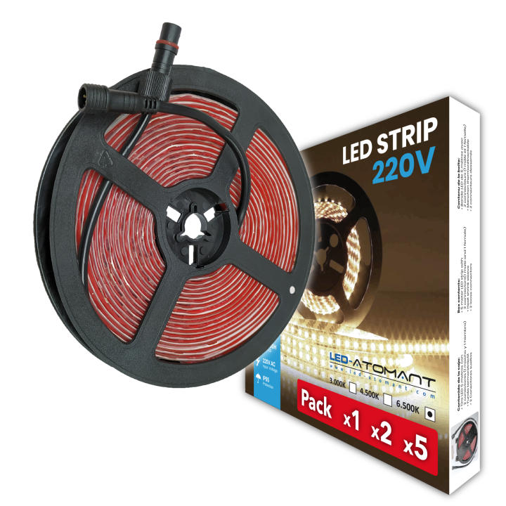 LED ATOMANT Rollo de 5 o 10 metros de tira LED 220V directa a red, impermeable IP65, 12W por metro, 120 LED/m, corte cada 10 cm, luz continua sin transformador, ideal para exteriores, terrazas, rótulos o decoración, fácil instalación y alta luminosidad