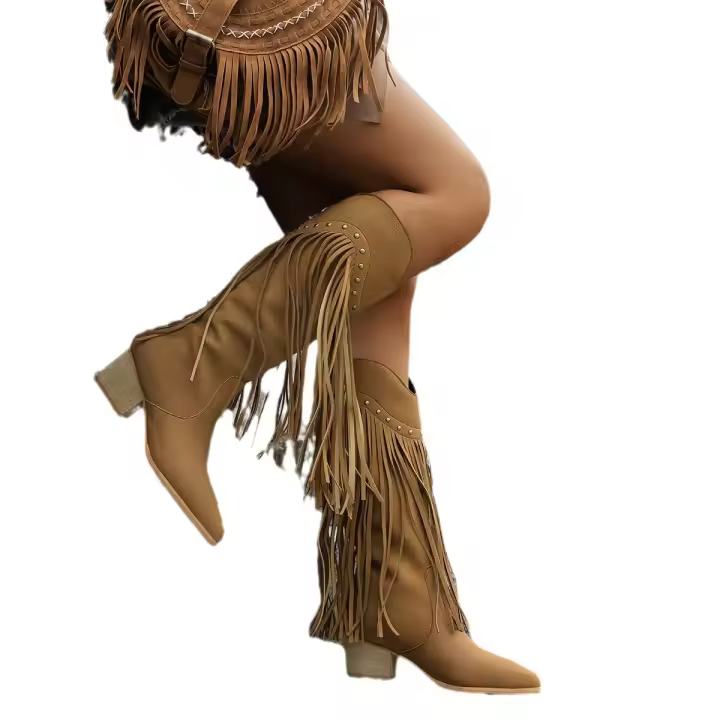 SP Nuevas Botas vaqueras de gran tamaño with Tacón Grueso y puntiagudos, Modernos y versátiles con borlas y Remaches en Cuello en V para Mujer. - 1