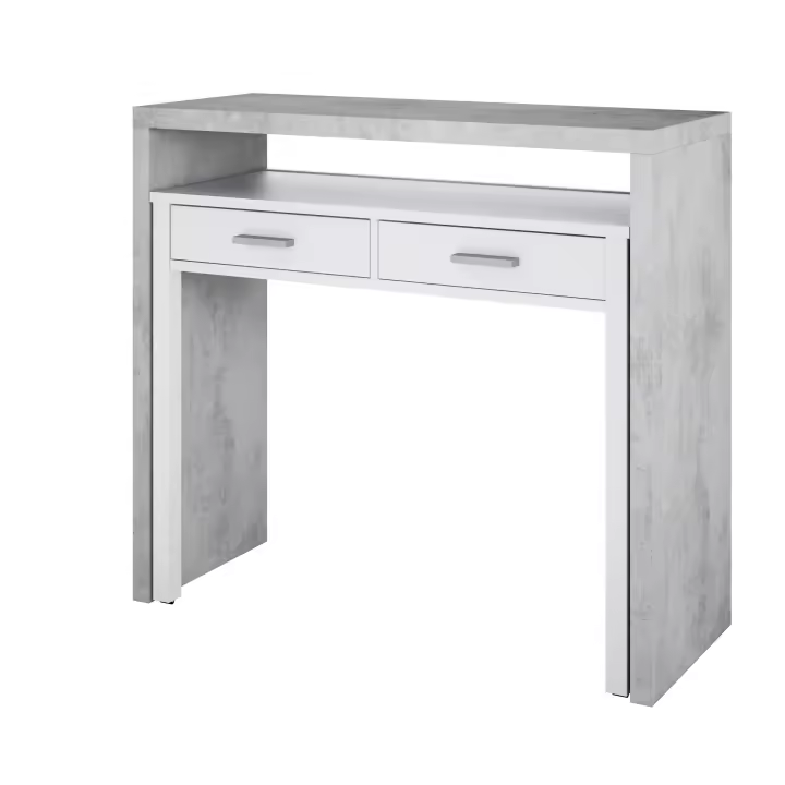 Meimon Mesa auxiliar extensible con 2 cajones, guías metálicas, ruedas en módulo extraíble, estructura de melamina E1, cantos PVC, patas y cajones en MDF lacado blanco, tiradores ABS gris aluminio, 98,5x36/66x87,5 cm, capacidad total 25 kg - 1