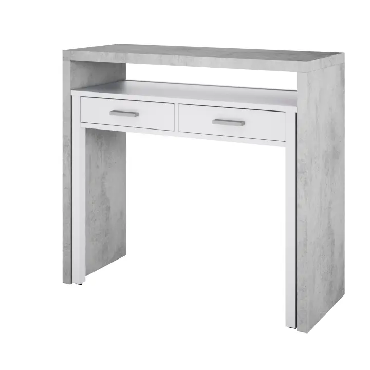 Meimon Mesa auxiliar extensible con 2 cajones, guías metálicas, ruedas en módulo extraíble, estructura de melamina E1, cantos PVC, patas y cajones en MDF lacado blanco, tiradores ABS gris aluminio, 98,5x36/66x87,5 cm, capacidad total 25 kg - 1