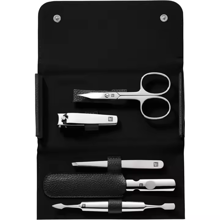 ZWILLING Set de manicura (5 piezas, estuche de pedicura en tamaño de viaje, Con cortaúñas, estuche de Cuero Auténtica), inoxidable Pulido Maple, Negro - 1