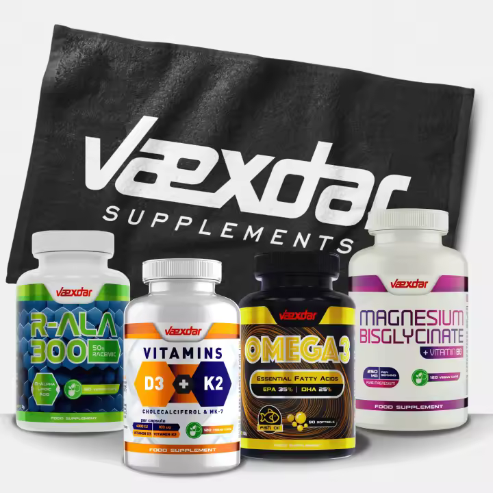 Pack Bienestar Completo - Vaexdar  R-ALA 300 - Ácido Alfa Lipoico | Magnesio y Vitamina B6 - Magnesio Bisglicinato | Omega 3 - Aceite de Pescado + Vitamina E | Vitamina D3 y K2 - Colecalciferol + Menaquinona-7 (MK-7)   'REGALO' de Toalla Vaexdar - 1