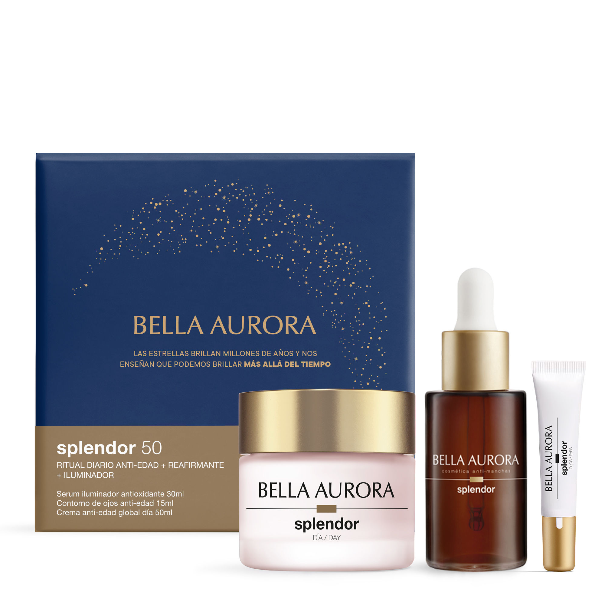 Pack Bella Aurora Splendor 50+ – Crema Antiedad Reafirmante + Sérum Luminosidad + Contorno de Ojos Antiarrugas y Antimanchas