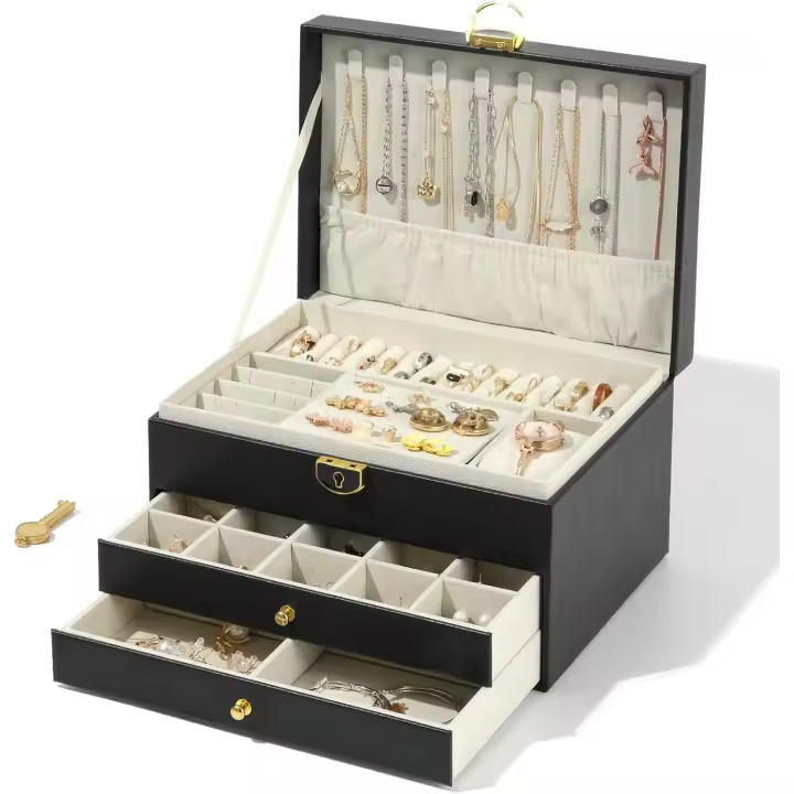 Joyero Para Mujer - Joyeros Mujer Organizador Grande - Organizador Joyas Extraíble de 3 Capas Para Almacenar Joyas - Anillos, Pendientes, Pulseras y Collares, Joyeros Mujer Organizador de Cuero Impermeable - 1