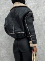 Chaqueta Motera De Cuero Sintético Para Mujer Con Cuello Acordonado De Peluche Vintage Chaqueta Moto Caliente De Invierno Outerwear - details 1