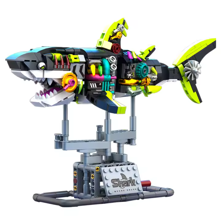 Bloques De Construcción De Estilo Punk Con Modelo De Tiburón Mecánico Brillo Nocturno Decoración Para Hogar Y Juguete De Montaje Para Niños Y Adultos - 1