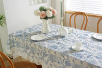 Mantel De Porcelana Azul Y Blanco Con Bordado En Algodón 100% Resistente Al Agua Y Aceite Con Borde De Hoja De Loto - details 7